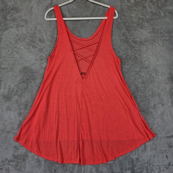 Fox Tank Top Womens Medium Coral High Low Scoop Neck Crisscross Back Tunic Logo - Picture 2 of 11